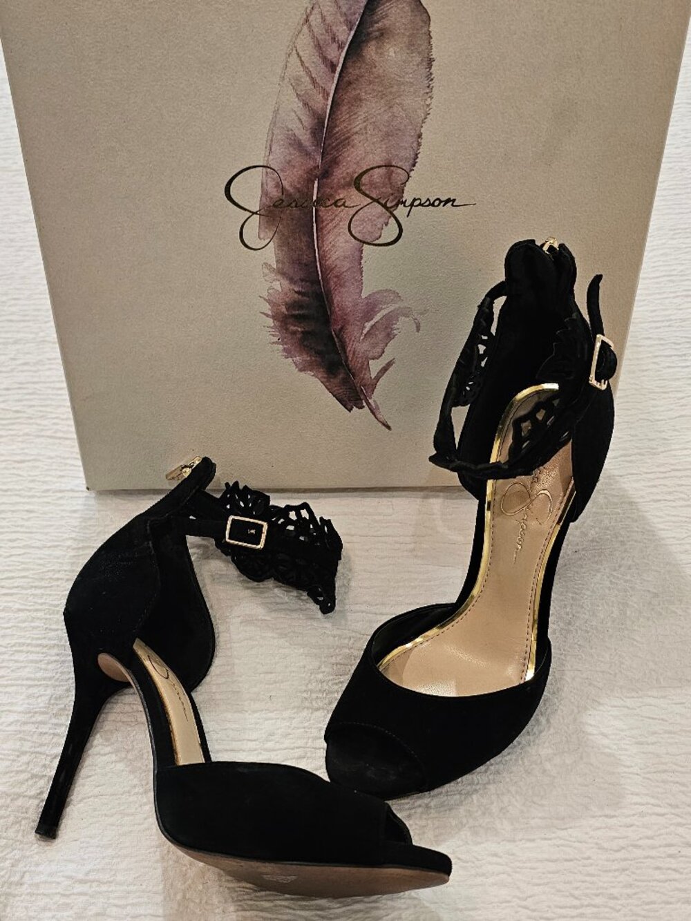 Jessica Simpson Bonney Black Kid Suede Peep Toe Heels Lace Ankle Strap Size 7M
